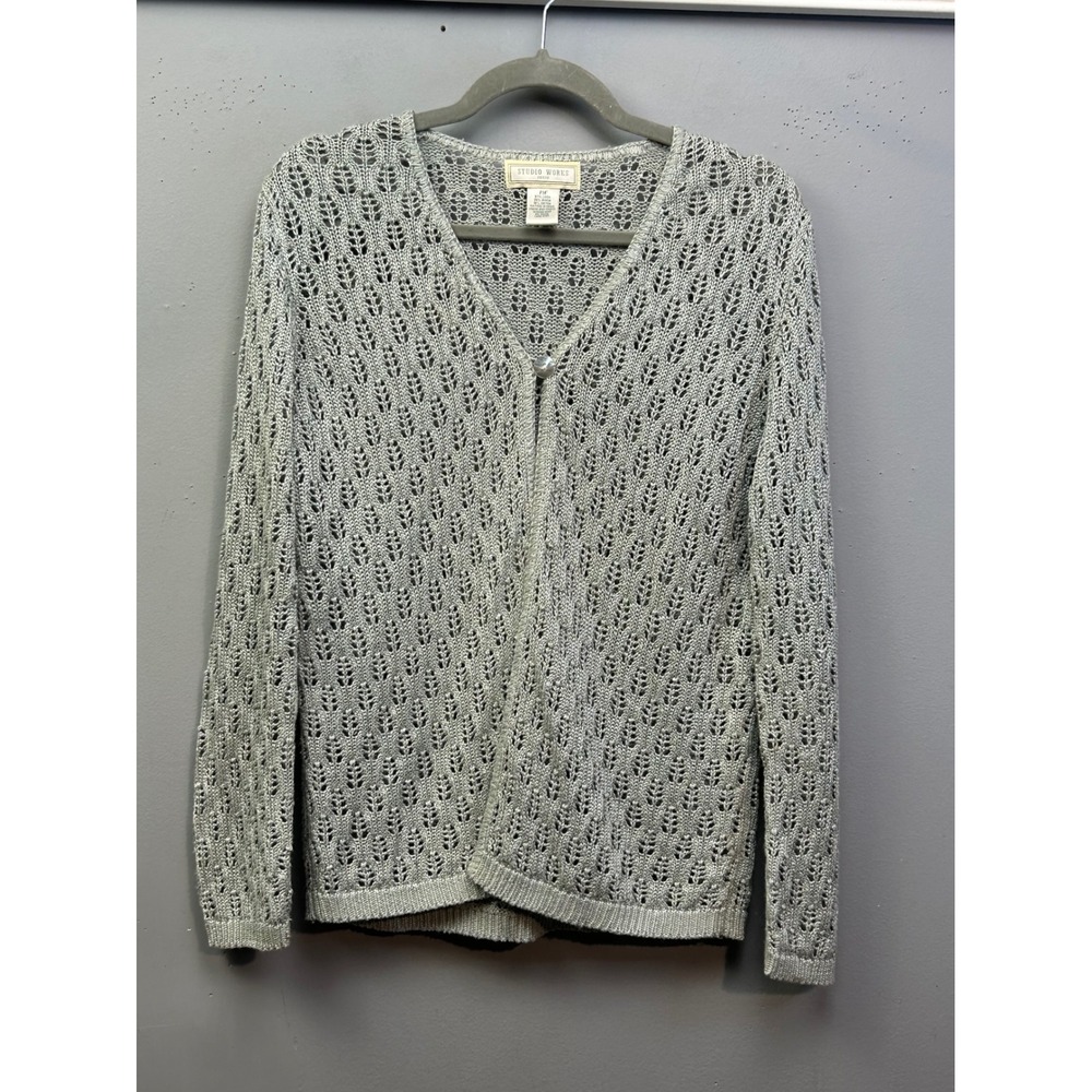 Studio Works Cardigan Womens PM Silver Open Knit Linen Blend V-Neck Gray